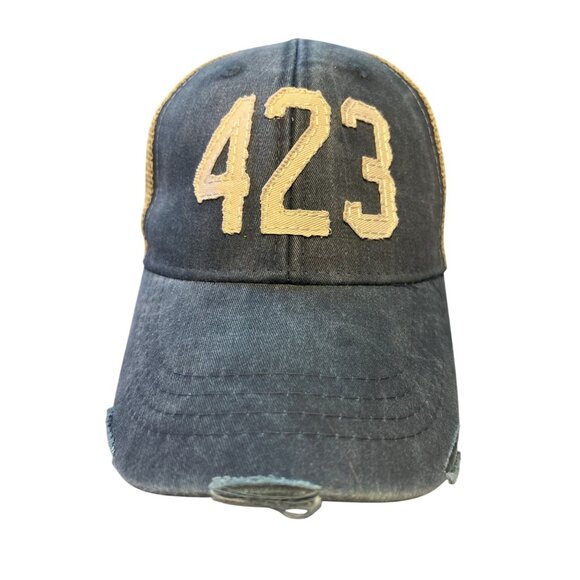 423 Area Code Distressed Trucker Hat Denim Vintage-Style Cotton Mule Mesh Back - Picture 1 of 8